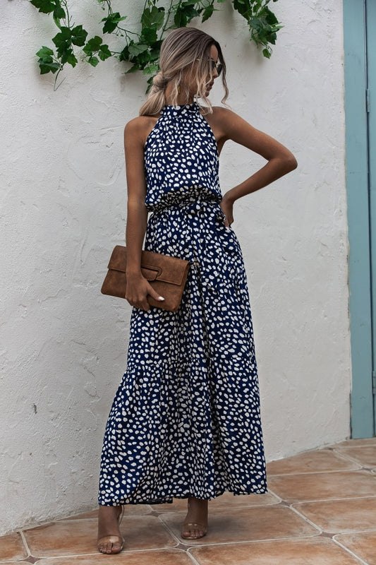 Royal Blue Wave Bohemian Boho Printed Hanging Neck Straps Maxi Dresses