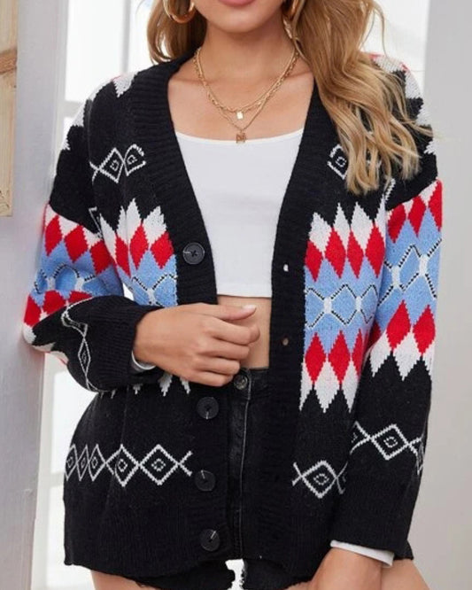 Argyle Pattern Geometry Single-breasted V-neck Sweater Outerwear Cardigan