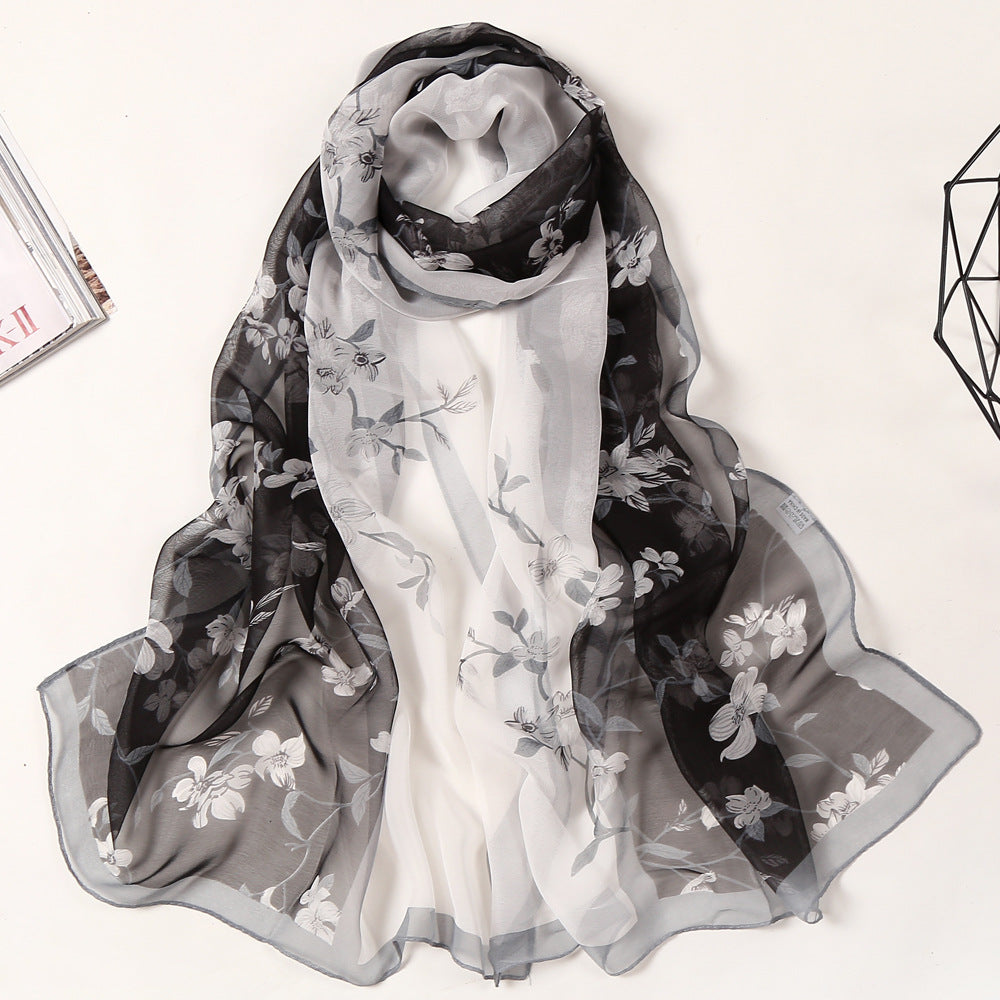 Lotus Printed Long Thin Silk Scarf for Women