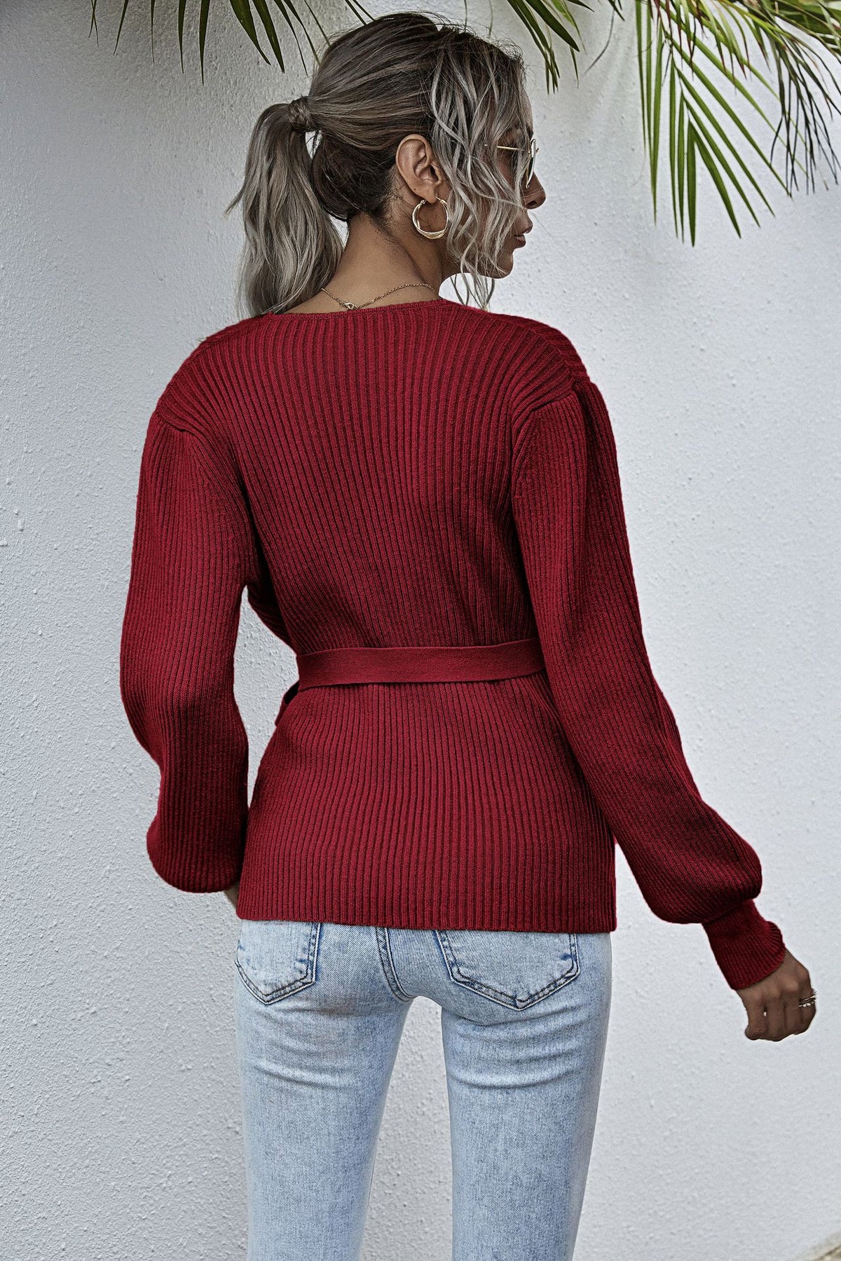 Lantern Sleeve Bow Tie V-neck Knit Sweaters Cardigans