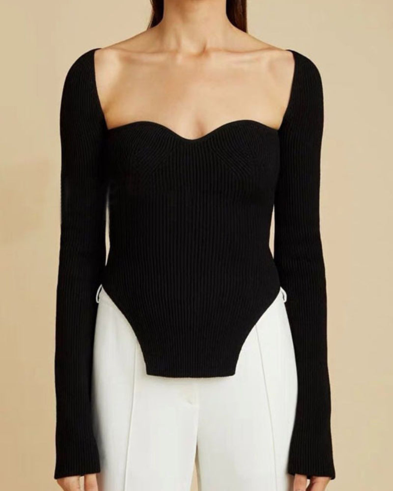 Knit Irregular Hem Square Collar Shirts Sweaters