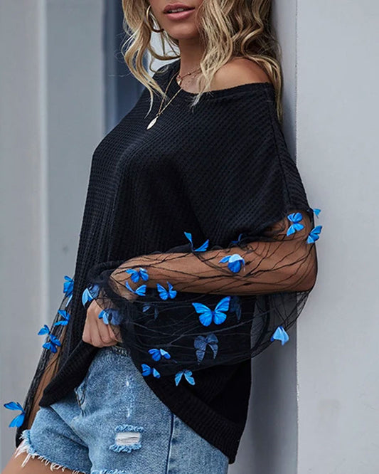 Black Lace Lantern Bubbles Sleeve Yarn Butterfly Chiffon Blouse
