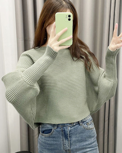 Lantern Sleeve Round Neck Knit Sweaters Shirts