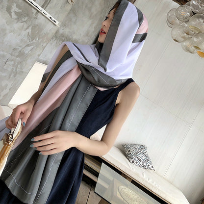 Simple Line Geometric Pattern Silk Scarf Silky Shawl Wrap for Women Ladies Girls 90x180