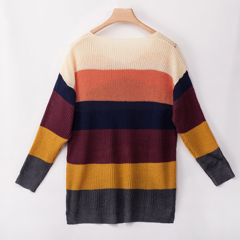 Women‘s Loose V-neck Rainbow Stripes Long Sweater