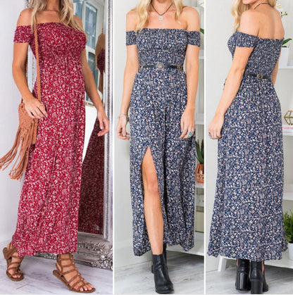 Off The Shoulder Split Leg Side Floral Maxi Dresses