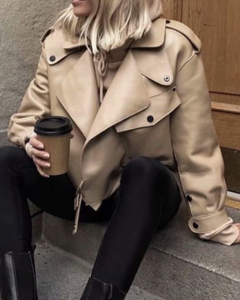 Pile Collar Pocket Crop Leather Tops Jacket Outerwear