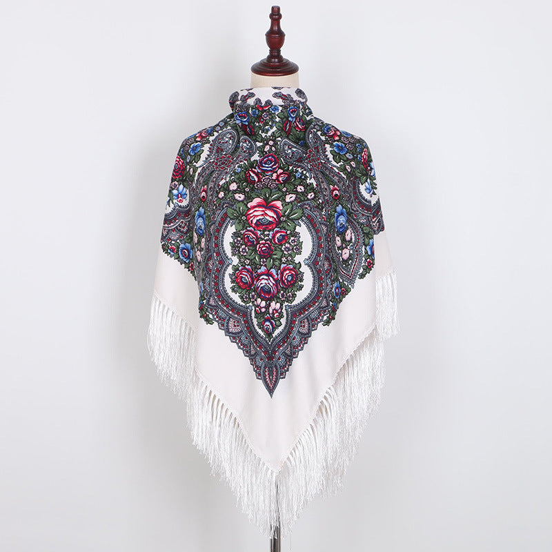 Ethnic Retro Flower Square Scarf Shawl Fringed Scarves for Women Ladies Girls