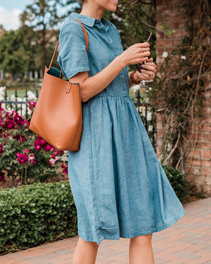 Blue Single-breasted Casual Denim Midi Dress