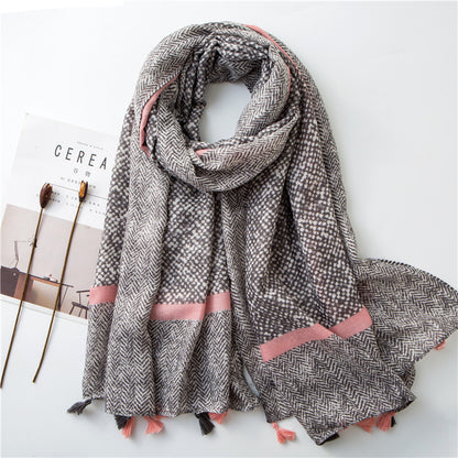 Tassel Grey Printed Cotton Scarf Shawl for Women Ladies Girls