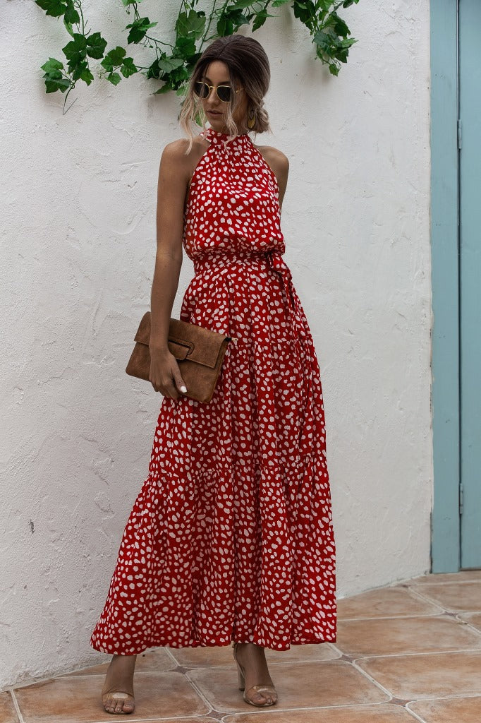 Red Wave Bohemian Boho Printed Hanging Neck Straps Maxi Dresses