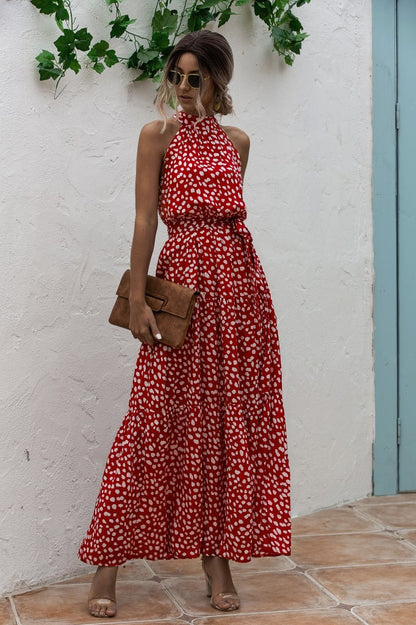 Red Wave Bohemian Boho Printed Hanging Neck Straps Maxi Dresses