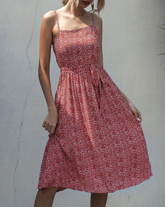 Suspenders Backless Midi Dresses Floral Print Dresses