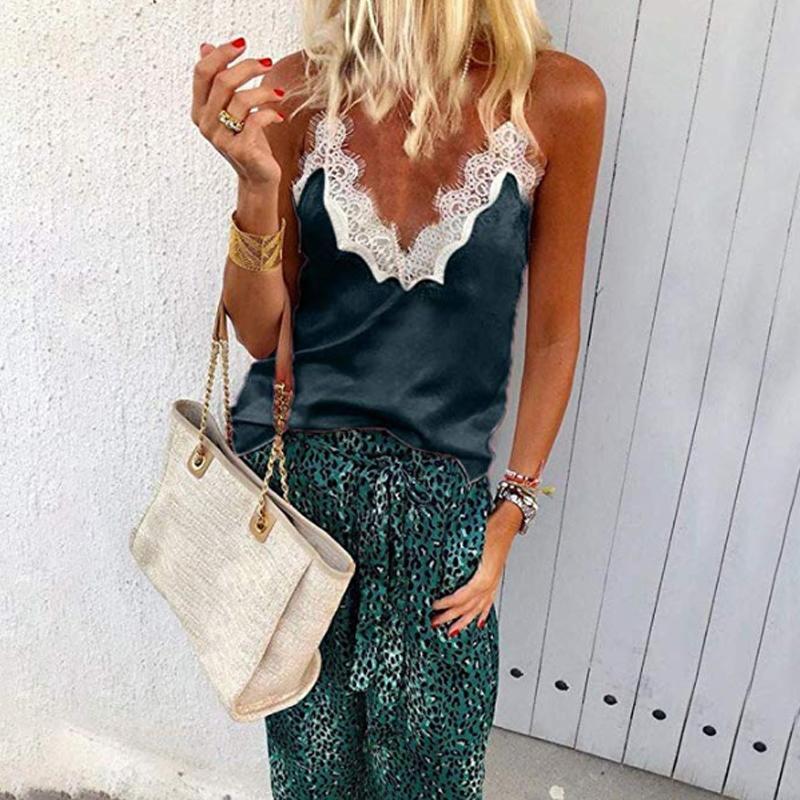 Lace Patchwork V Neck Spaghetti Straps Casual Camis
