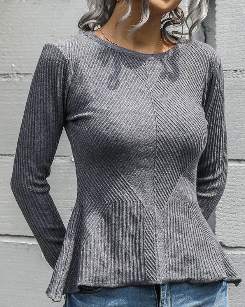 Ruffled Knit Slim-type Round Neck Sweaters