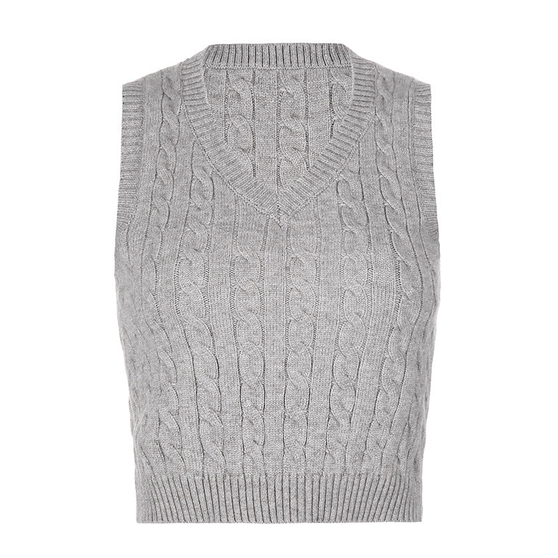 V-neck Knitting Lattice Crop Vest Sweater