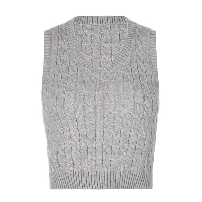 V-neck Knitting Lattice Crop Vest Sweater