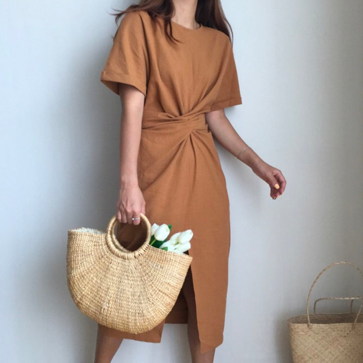 Cross Strap Split Short Sleeve Vacation Maxi Dresses