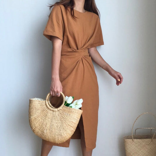 Cross Strap Split Short Sleeve Vacation Maxi Dresses