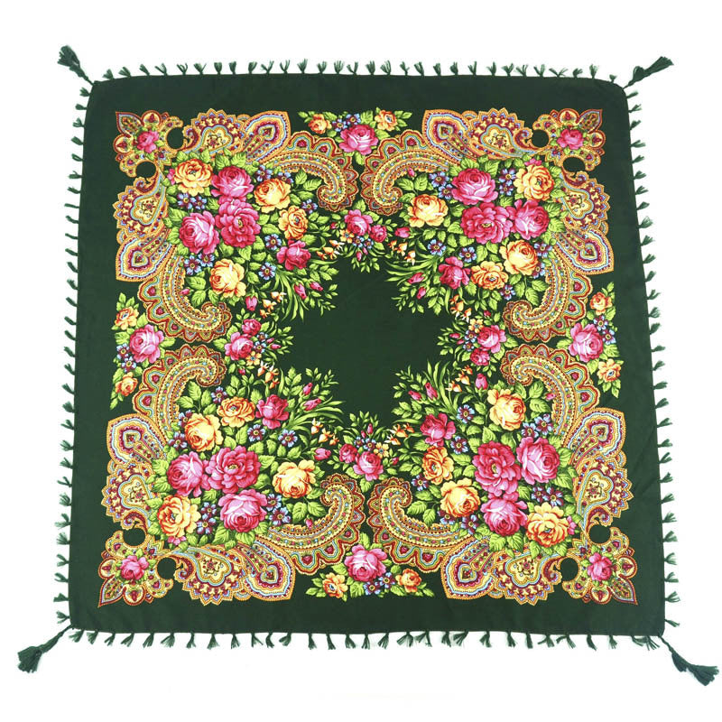 Ethnic Flower Print Square Scarf Shawl Fringed Scarves for Women Ladies Girls