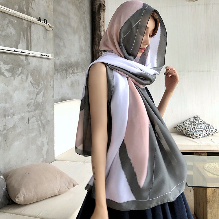 Simple Line Geometric Pattern Silk Scarf Silky Shawl Wrap for Women Ladies Girls 90x180