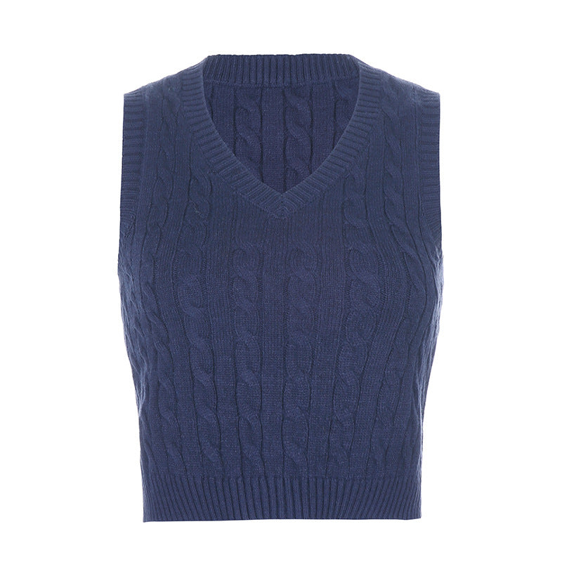 V-neck Knitting Lattice Crop Vest Sweater