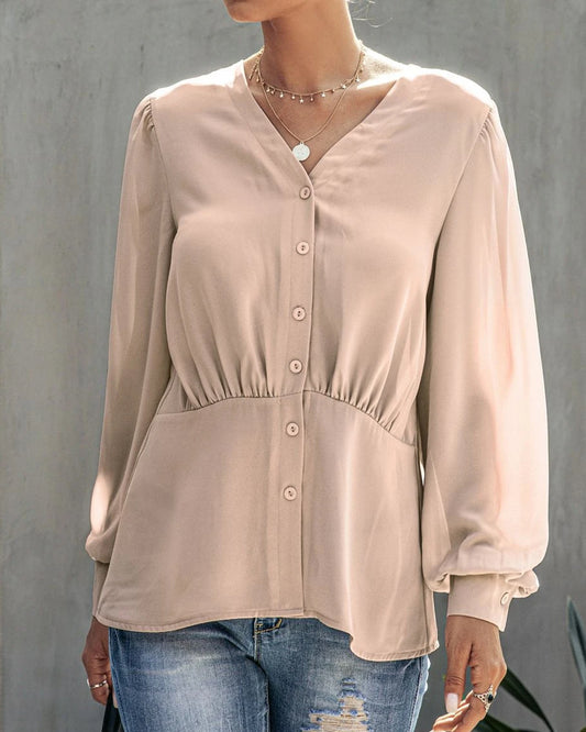 Single-breasted V-neck Long Sleeve Shirt