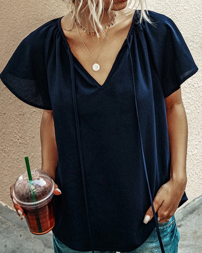 Ruffled Sleeves Lace-up V-neck Blouses T-shirt