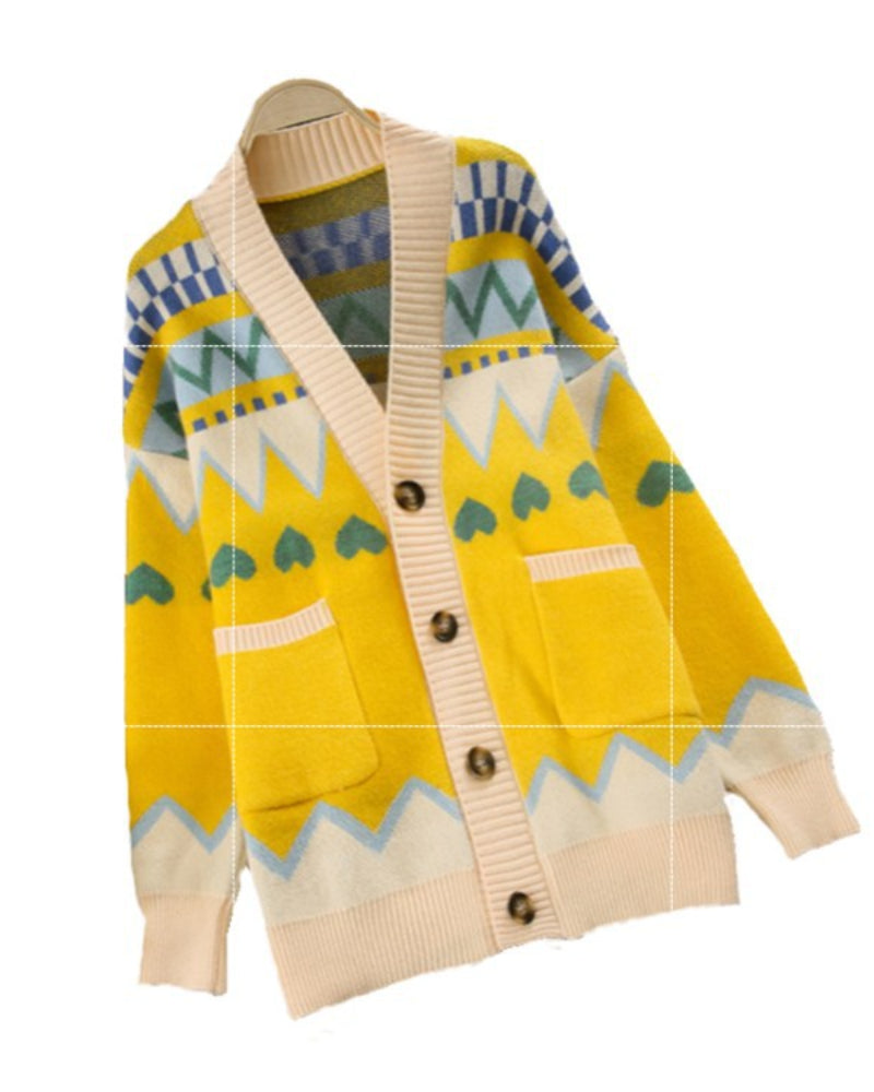 Argyle Pattern Geometry Contrast Color Cardigan Knit Sweater Outerwear