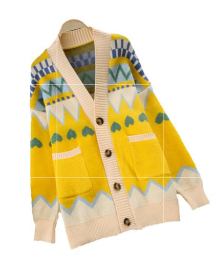 Argyle Pattern Geometry Contrast Color Cardigan Knit Sweater Outerwear