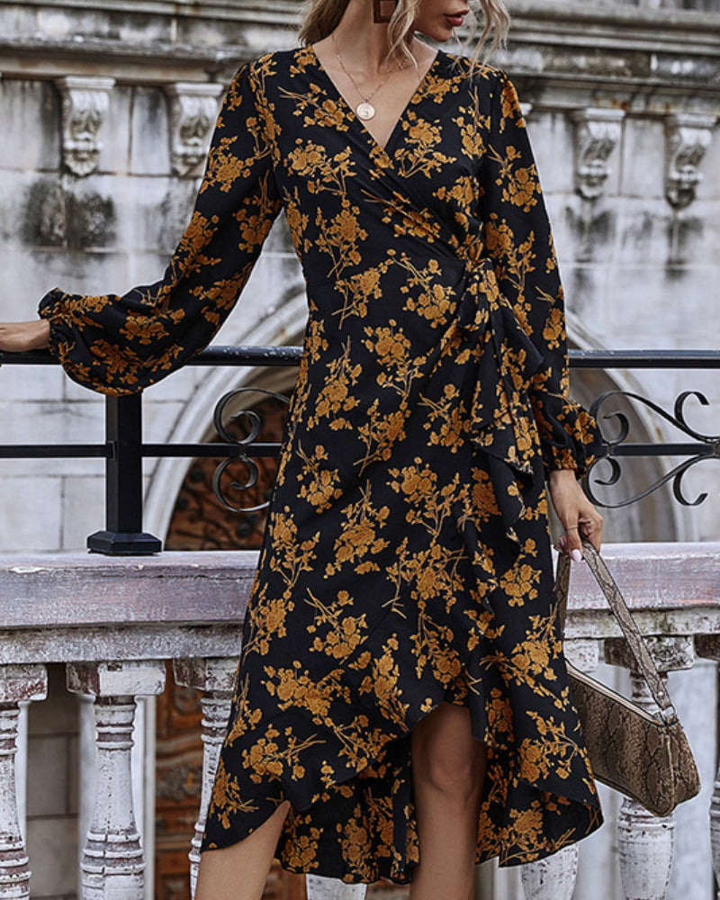 Ruffled V-neck Floral Puff Sleeve Midi Dresses