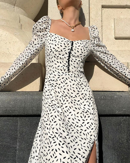 Puff Sleeve Square Collar Floral Vintage Midi Dresses