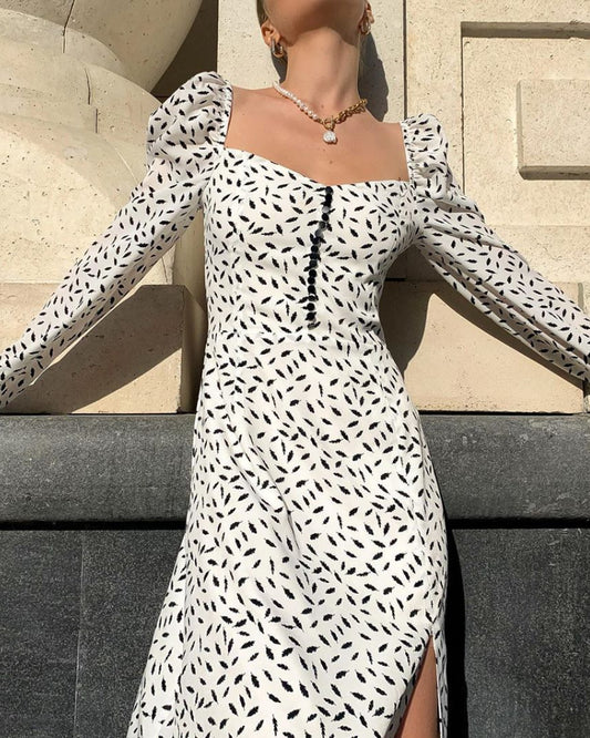 Puff Sleeve Square Collar Floral Vintage Midi Dresses