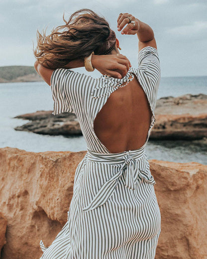 Deep V Striped Backless Seaside Vacation Maxi Dresses