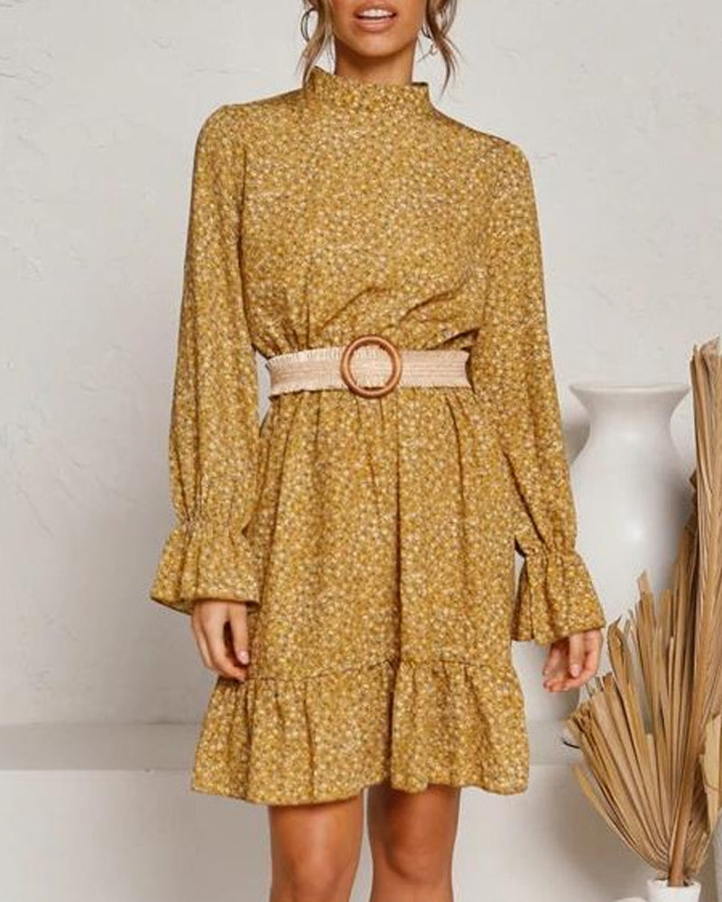Round Neck Ruffles Floral Long Sleeves Mini Dresses