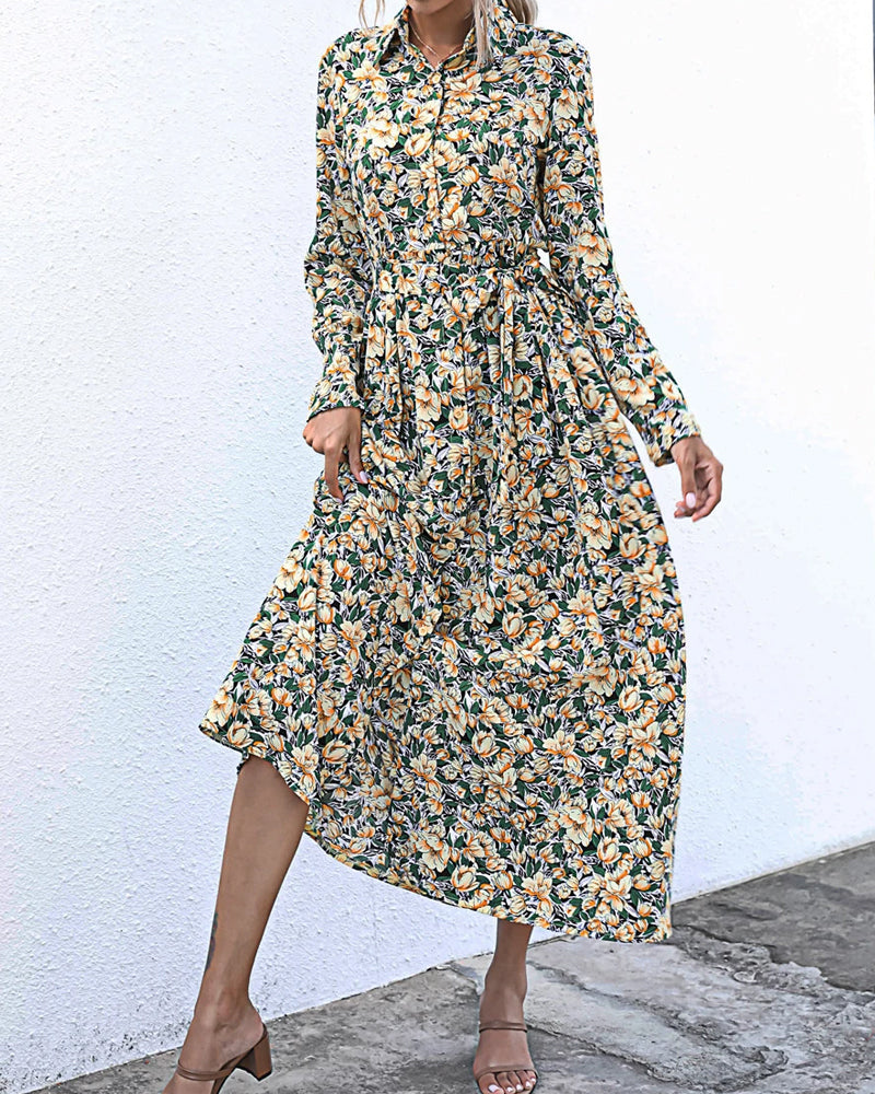 Long Sleeve Floral Print Lapel Shirt Midi Maxi Dress
