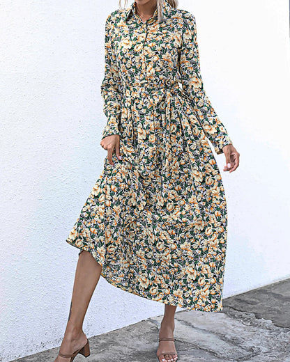 Long Sleeve Floral Print Lapel Shirt Midi Maxi Dress