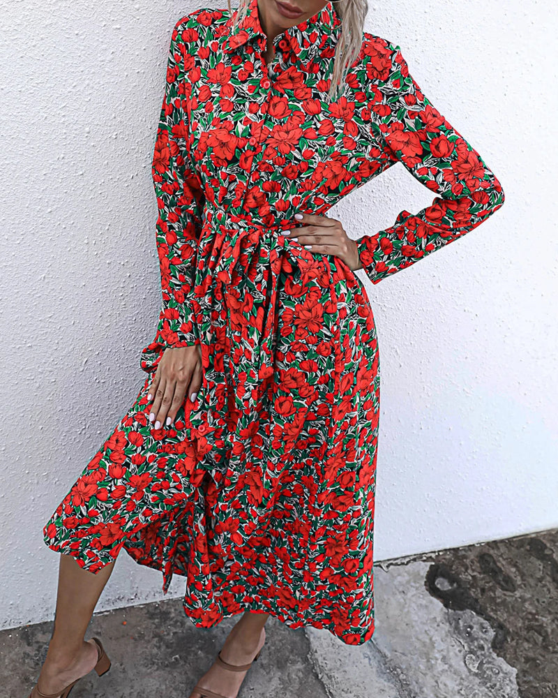 Long Sleeve Floral Print Lapel Shirt Midi Maxi Dress