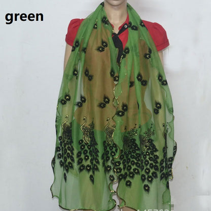 Fashion Lace Scarf Net Yarn Printing Peacock Stitching Flocking Phoenix Scarf for Women Ladies Girls