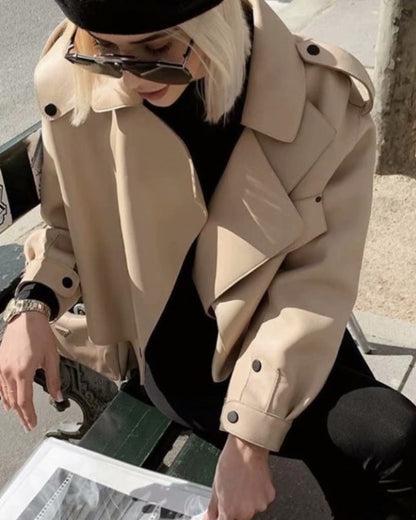 Pile Collar Pocket Crop Leather Tops Jacket Outerwear