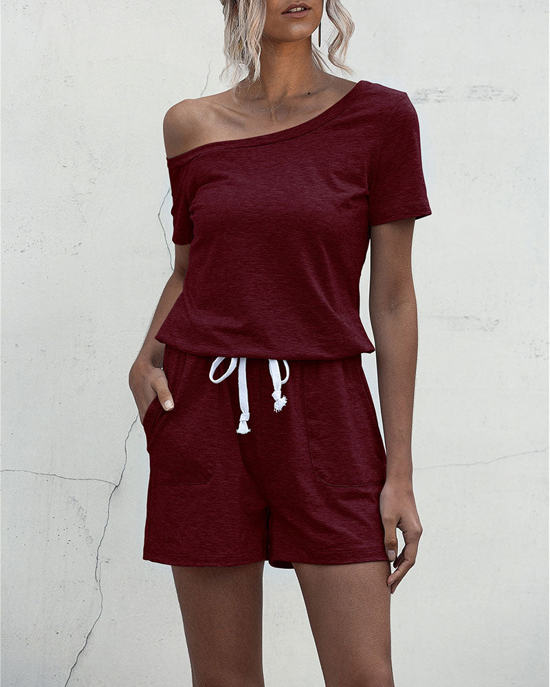 Diagonal Shoulder Short Sleeve Jumpsuit Rompers With Pocket