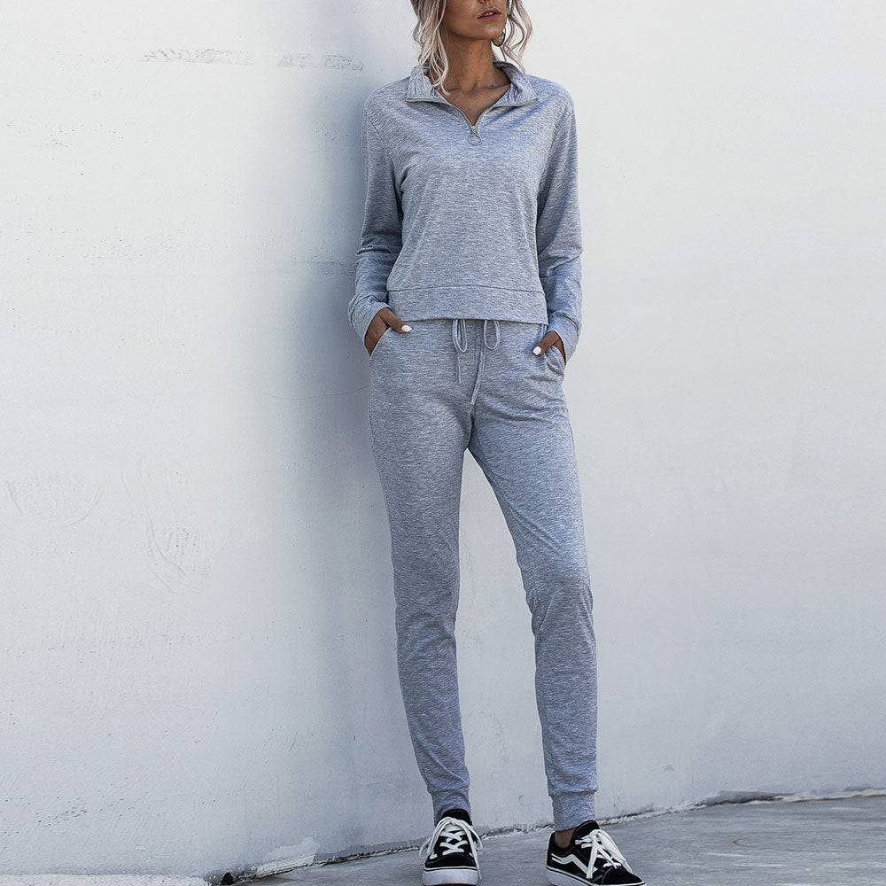 Stand Collar Zipper Two-piece Sports Suit Lace-up Pant