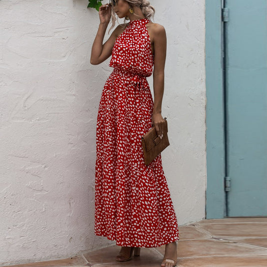 Red Wave Bohemian Boho Printed Hanging Neck Straps Maxi Dresses