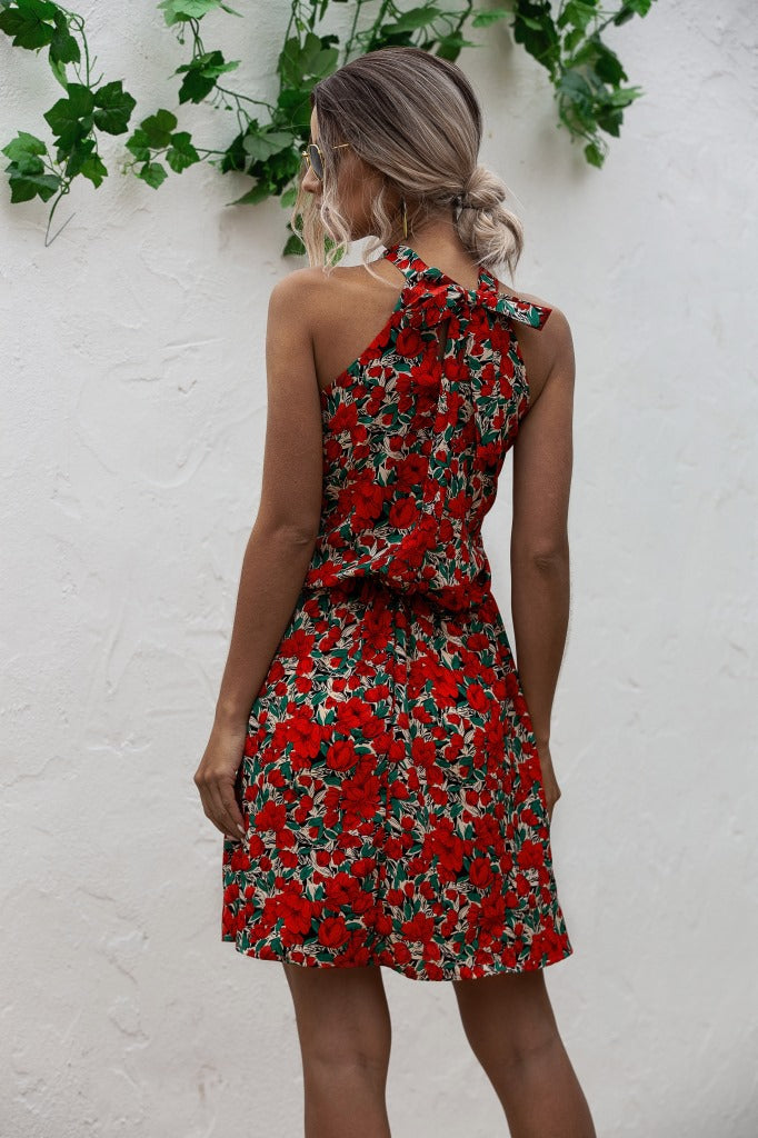 Floral Red Bohemian Boho Printed Hanging Neck Straps Mini Dresses