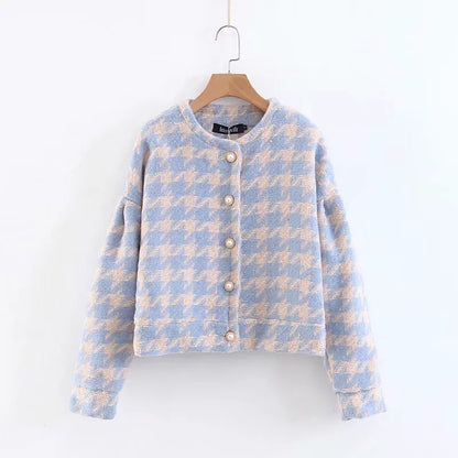 Houndstooth Beaded Buckle Long Sleeve Short Jacket Skirt Dress Suit