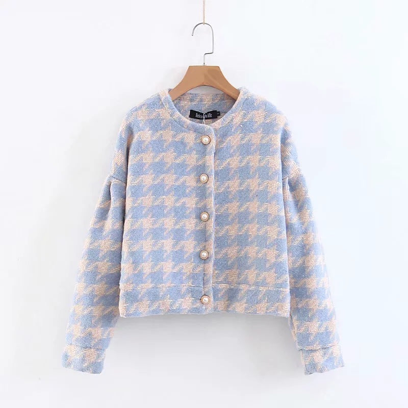 Houndstooth Beaded Buckle Long Sleeve Short Jacket Skirt Dress Suit