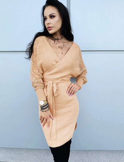 Deep V-neck Collar Elegant Lace Sleeve Bodycon Midi Dresses