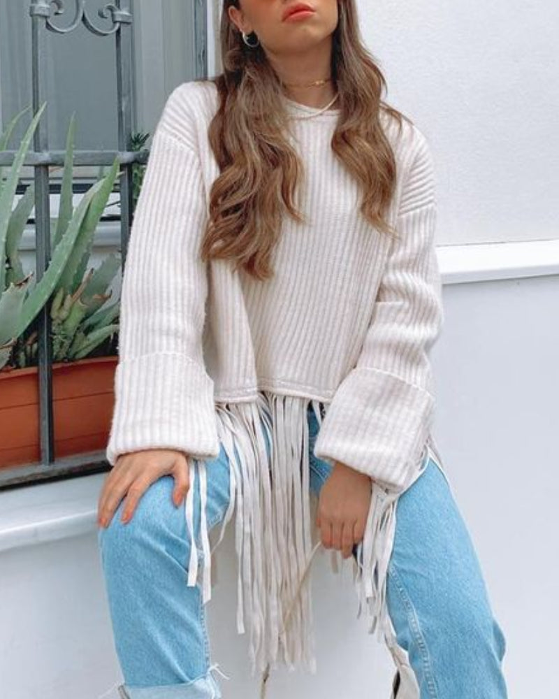 Knit Tassel Round Neck Irregular Hem Sweaters Blouses