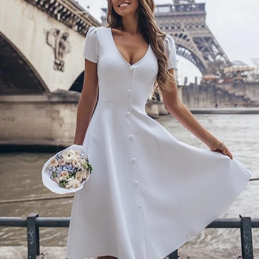 Elegant Deep V-neck Button Single-breasted Skater Midi Dresses