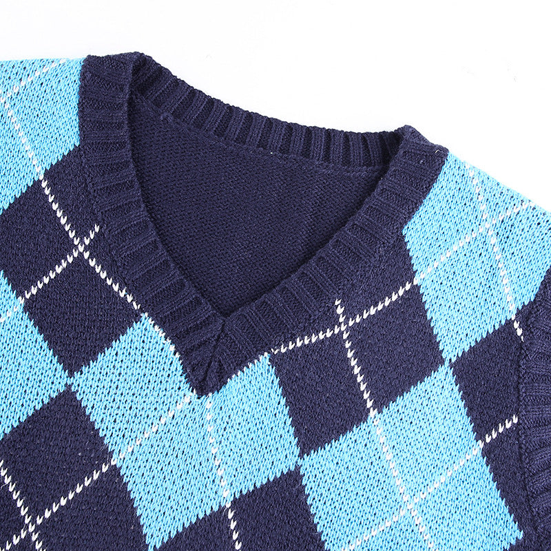 Blue Lattice V-neck Knitting Vest Sweater